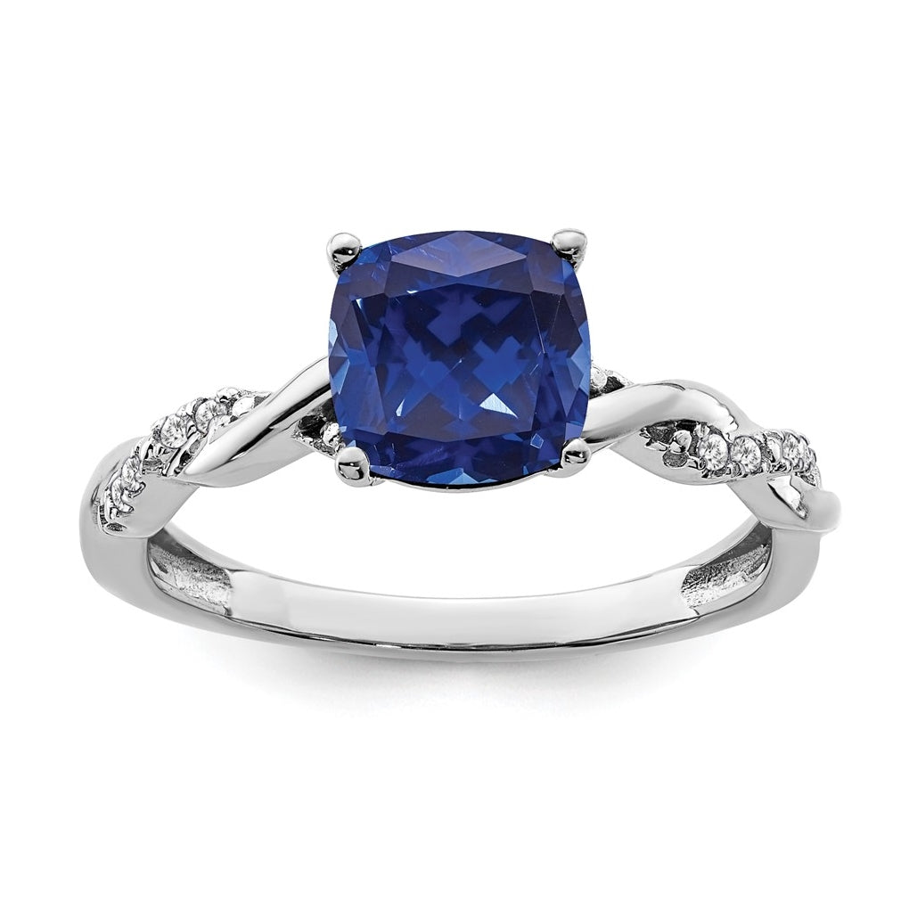 Sterling Silver Rhodium plated Cr. Sapphire and Diamond Ring, Size 7