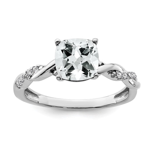 Sterling Silver Rhodium plated White Topaz & Diamond Ring, Size 8