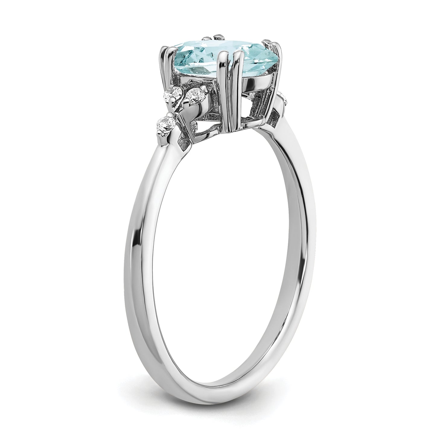 Sterling Silver Rhodium plated Aquamarine and Dia. Ring, Size 7