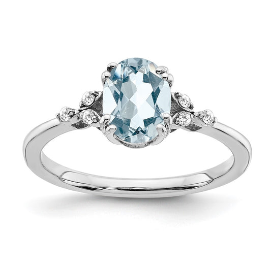 Sterling Silver Rhodium plated Aquamarine and Dia. Ring, Size 8