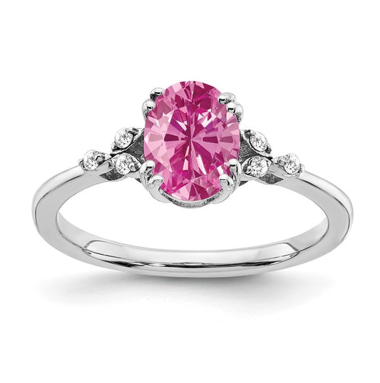 Sterling Silver Rhodium plated Created Pink Sapphire/Diamond Ring, Size 8