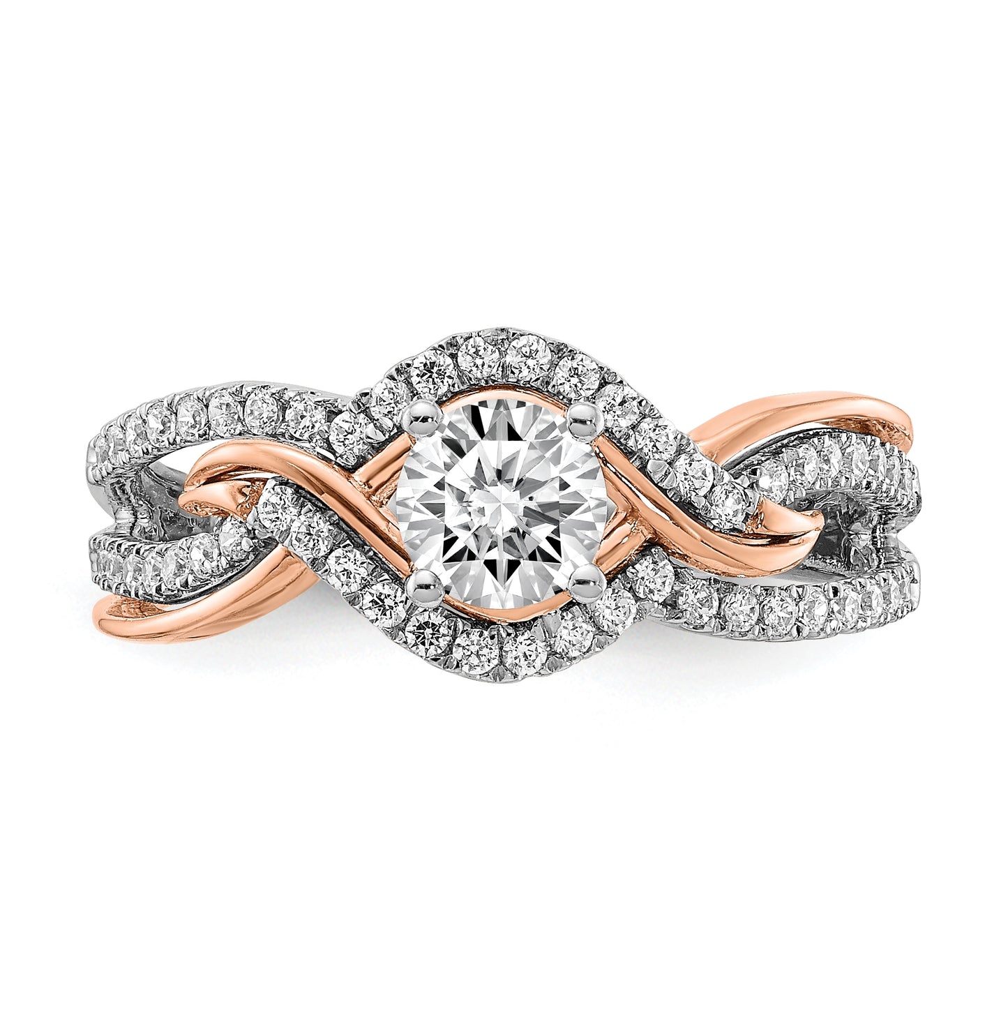 14k White and Rose Gold Criss-Cross (Holds (1/2 carat (5.2mm) Round Center) 1/3 carat Diamond Semi-mount Engagement Ring
