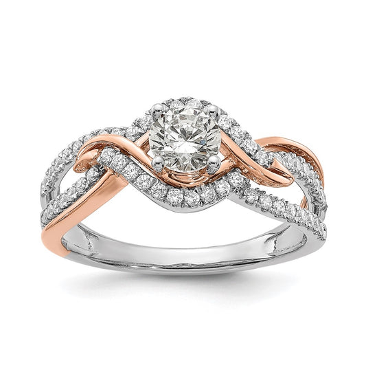 14k White and Rose Gold Criss-Cross (Holds (1/2 carat (5.2mm) Round Center) 1/3 carat Diamond Semi-mount Engagement Ring