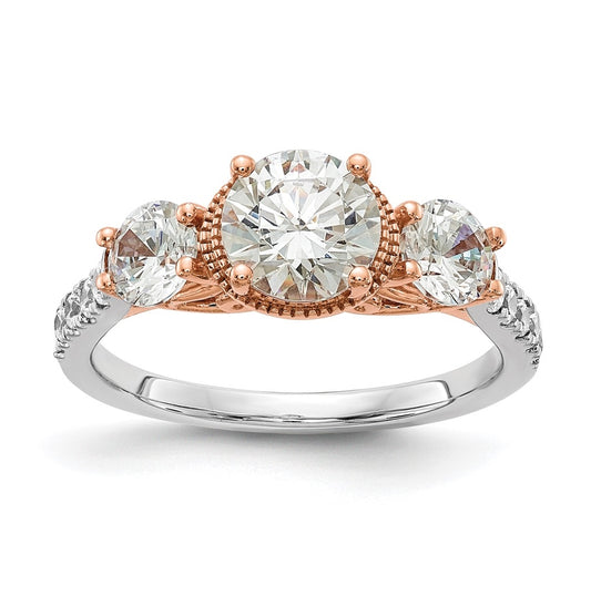 14k White and Rose Gold 3-Stone (Holds 1 carat (6.5mm) Round Center and (2-4.6mm) Round Sides) Diamond Semi-mount Engagement Ring