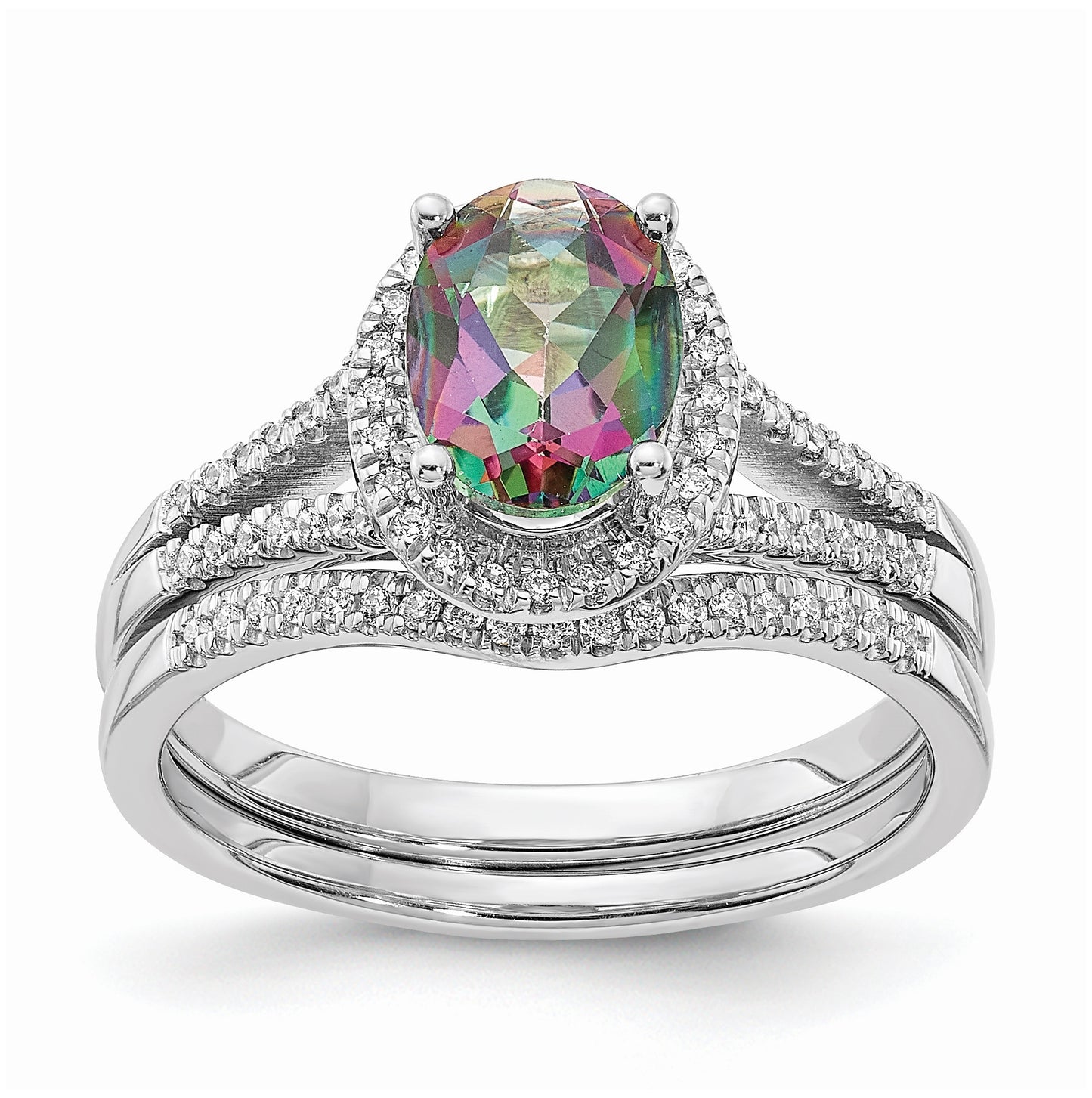 Blooming Bridal 14k White Gold Halo 8x6mm Oval Mystic Fire Topaz and 1/5 carat Diamond Complete Engagement Ring