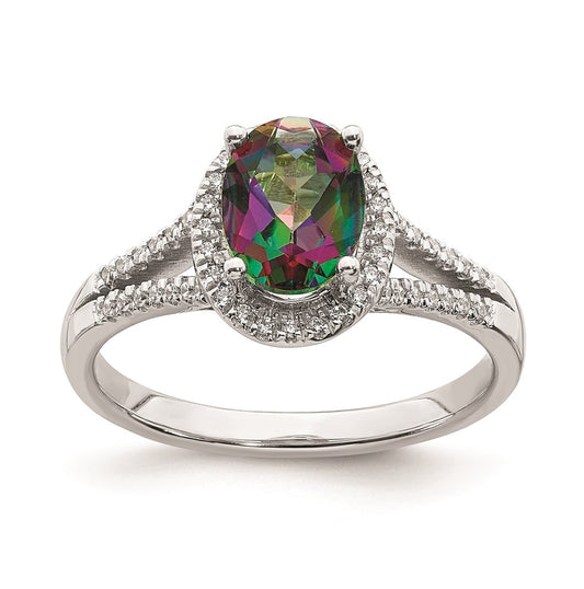 Blooming Bridal 14k White Gold Halo 8x6mm Oval Mystic Fire Topaz and 1/5 carat Diamond Complete Engagement Ring