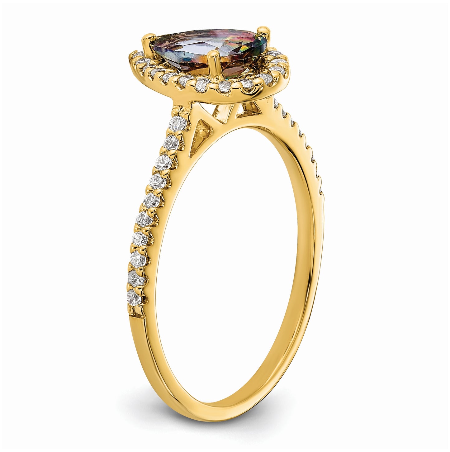 Blooming Bridal 14K Yellow Gold Halo 8x5mm Pear-cut Mystic Fire Topaz and 1/4 carat Diamond Complete Engagement Ring