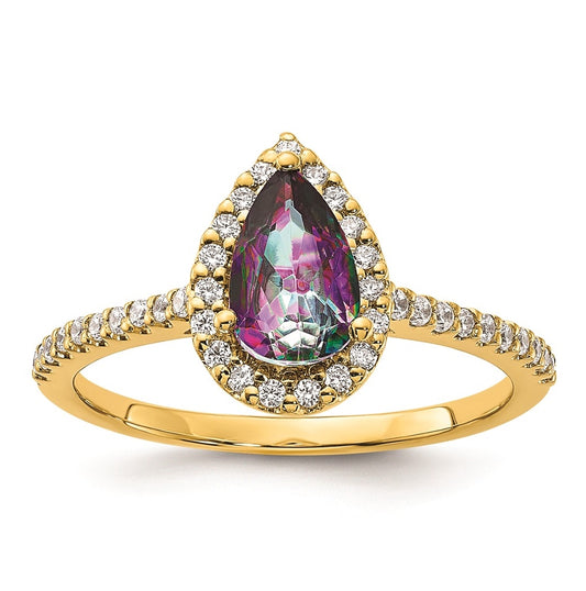 Blooming Bridal 14K Yellow Gold Halo 8x5mm Pear-cut Mystic Fire Topaz and 1/4 carat Diamond Complete Engagement Ring