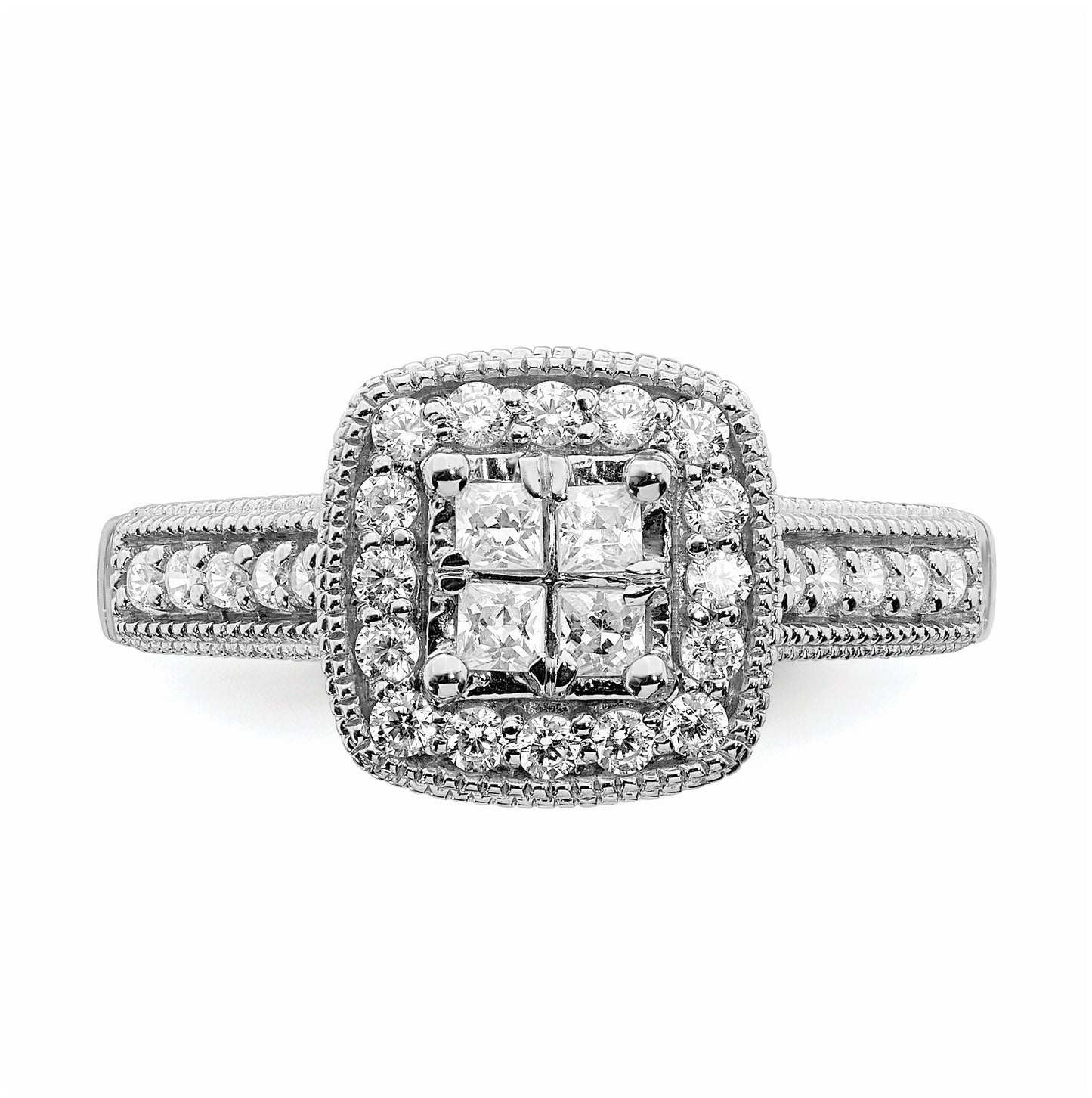 14K White Gold Square Halo Cluster 5/8 carat Princess/Round Diamond Complete Engagement Ring