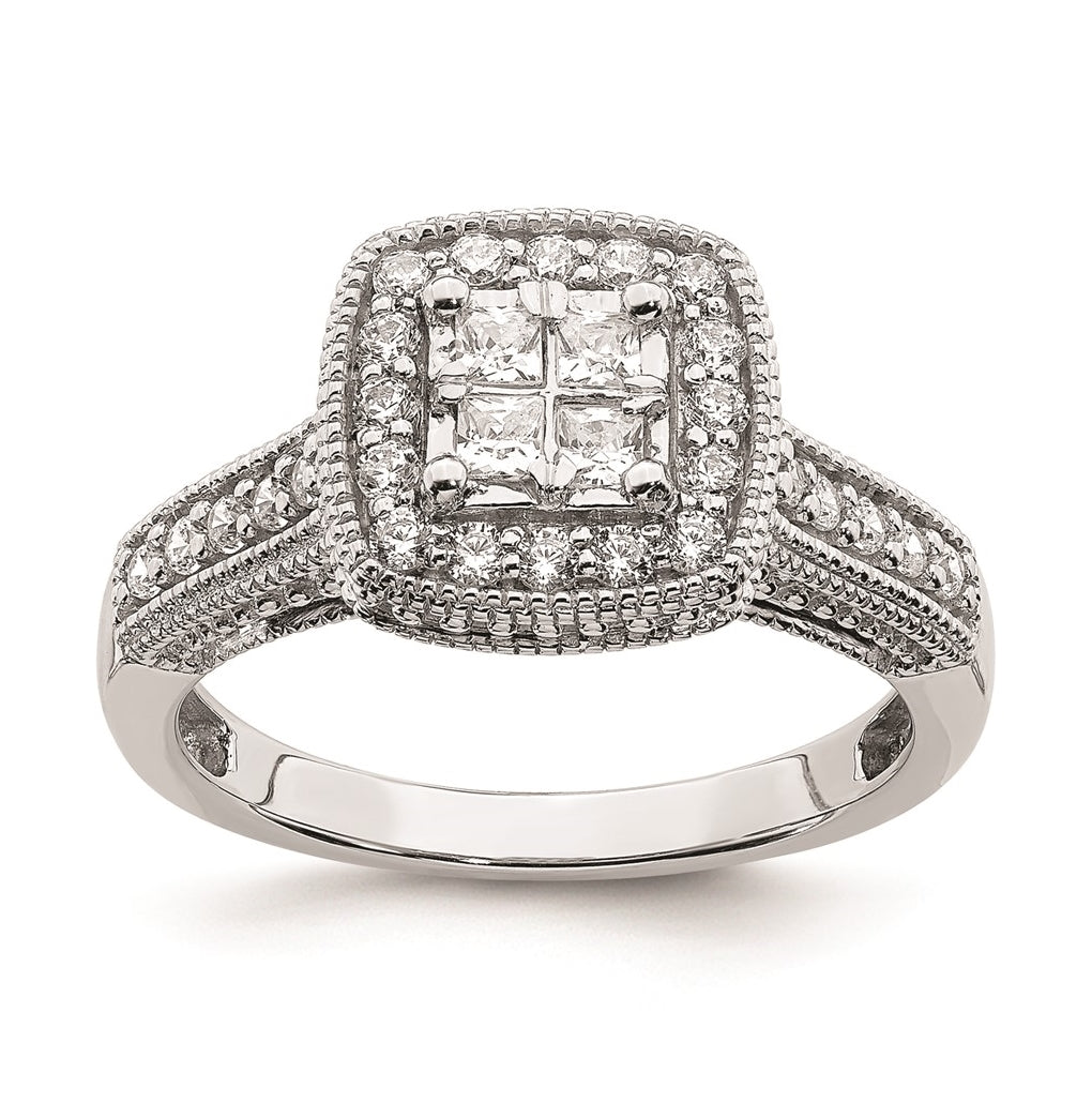 14K White Gold Square Halo Cluster 5/8 carat Princess/Round Diamond Complete Engagement Ring