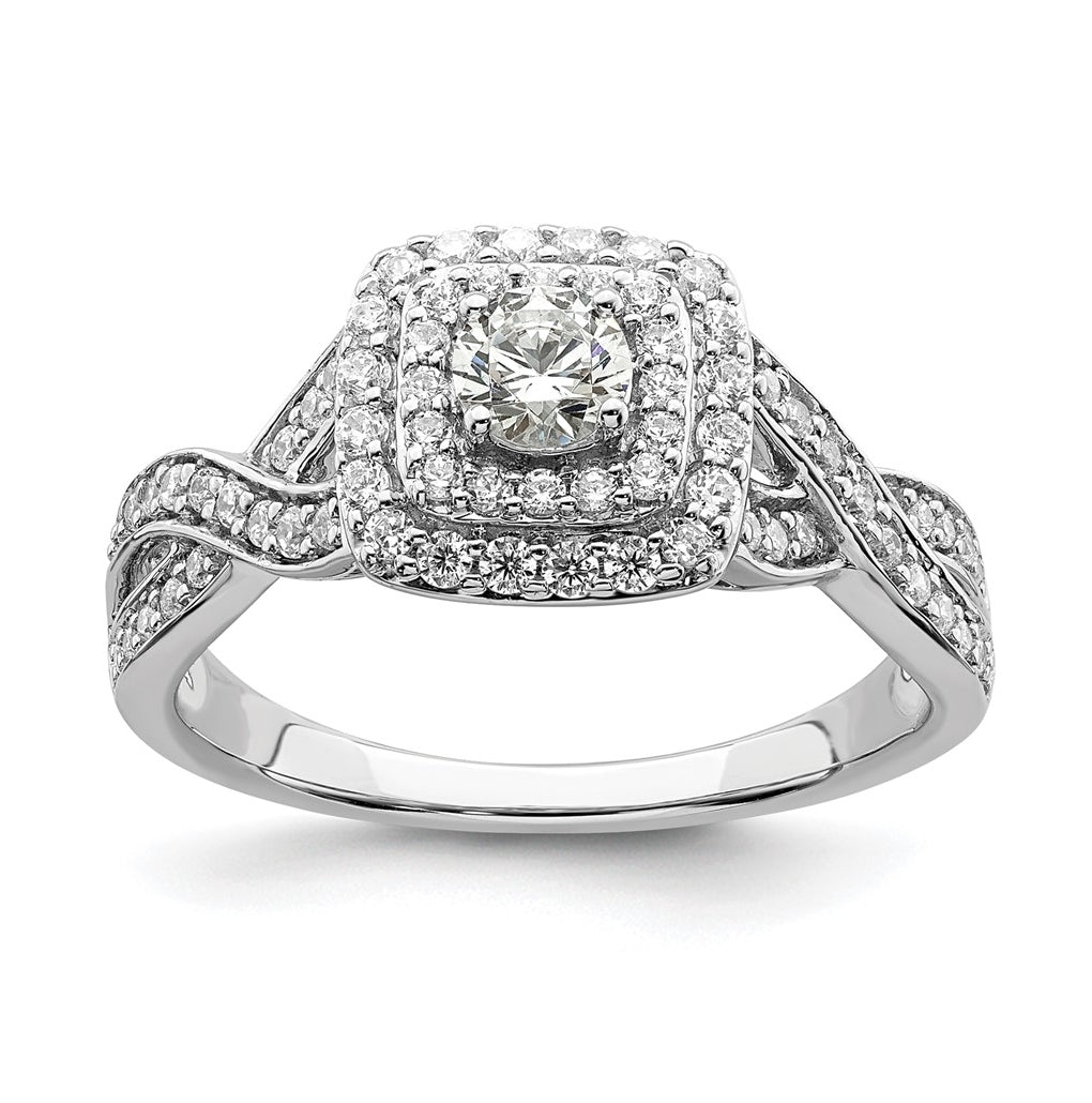 14k White Gold Double Halo (Holds 1/4 carat (4.1mm) Round Center) 1/2 carat Diamond Semi-mount Engagement Ring