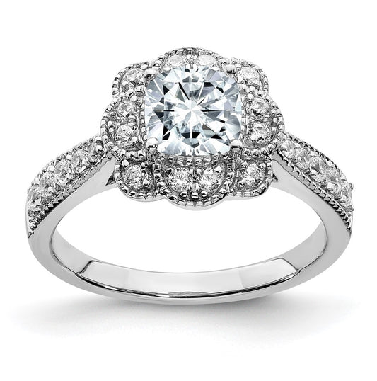 14K White Gold 1.52ct. Cushion Fancy Halo D E F Pure Light Moissanite Engagement Ring