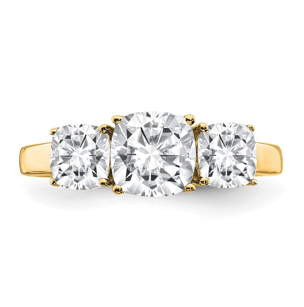 14k Yellow Gold 2 1/3 carat Certified Lab Grown Diamond VS+ F+ Cushion Complete Three Stone Engagement Ring