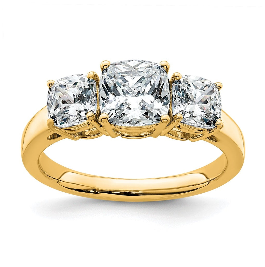 14k Yellow Gold 2 1/3 carat Certified Lab Grown Diamond VS+ F+ Cushion Complete Three Stone Engagement Ring