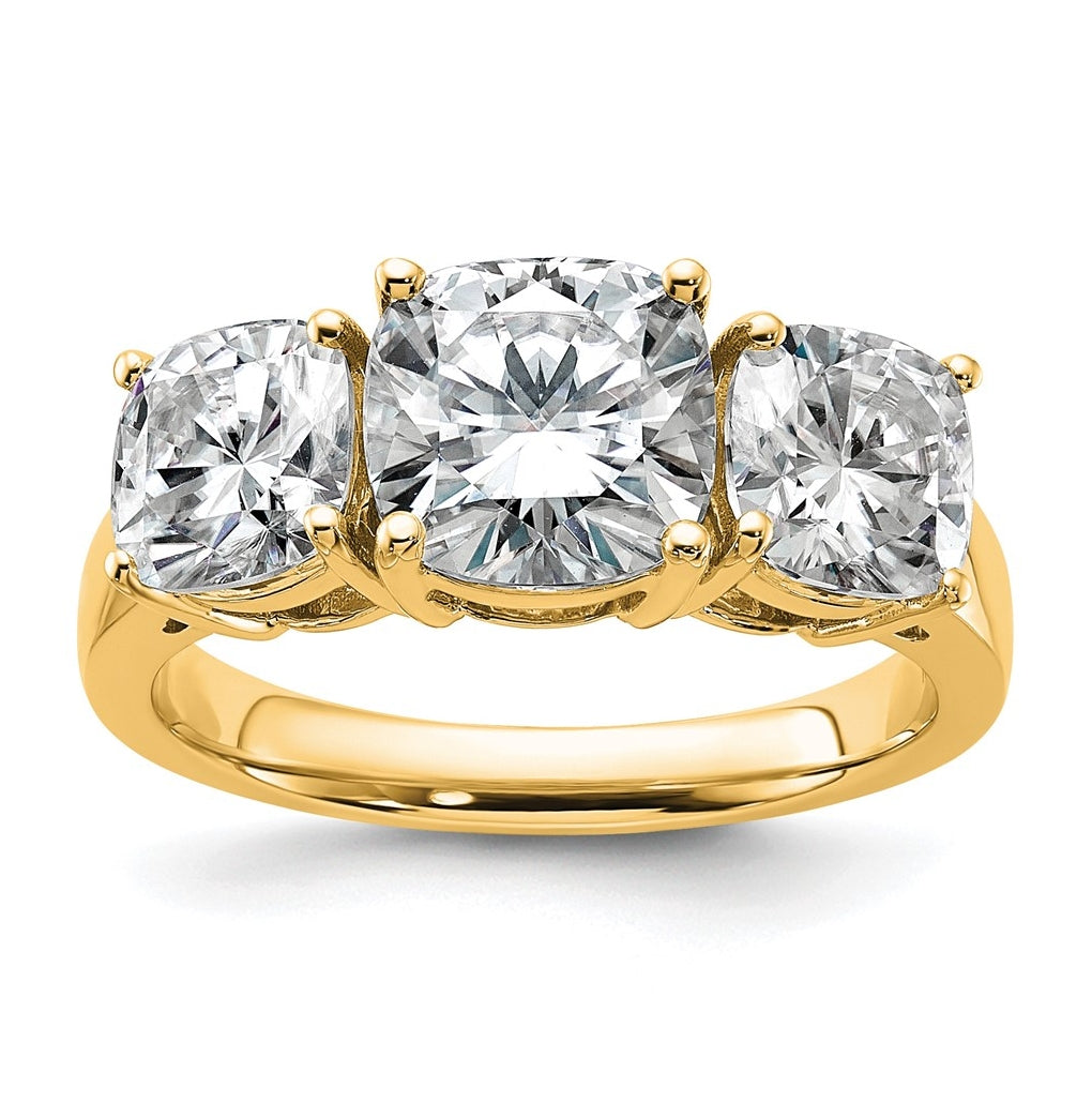 14k Yellow Gold 3 3/4 carat Certified Lab Grown Diamond VS+ F+ Cushion Complete Three Stone Engagement Ring