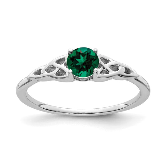 14K White Gold Created Emerald Celtic Knot Ring, Size 7