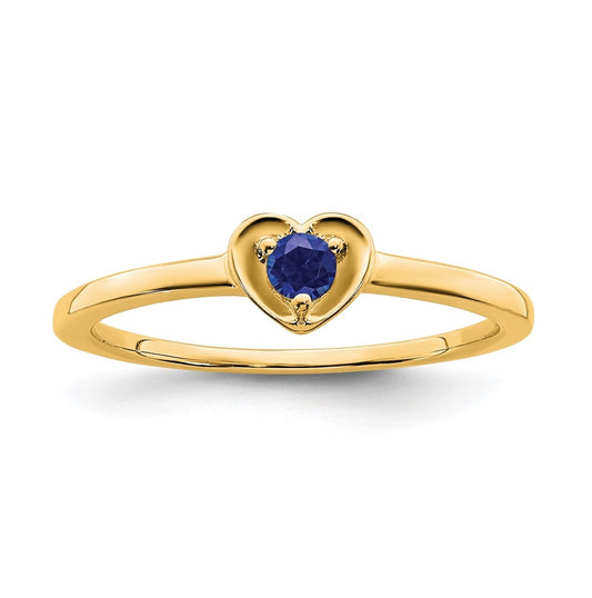 14K Yellow Gold Created Sapphire Heart Ring, Size 7