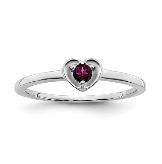 14K White Gold Rhodolite Garnet Heart Ring, Size 6
