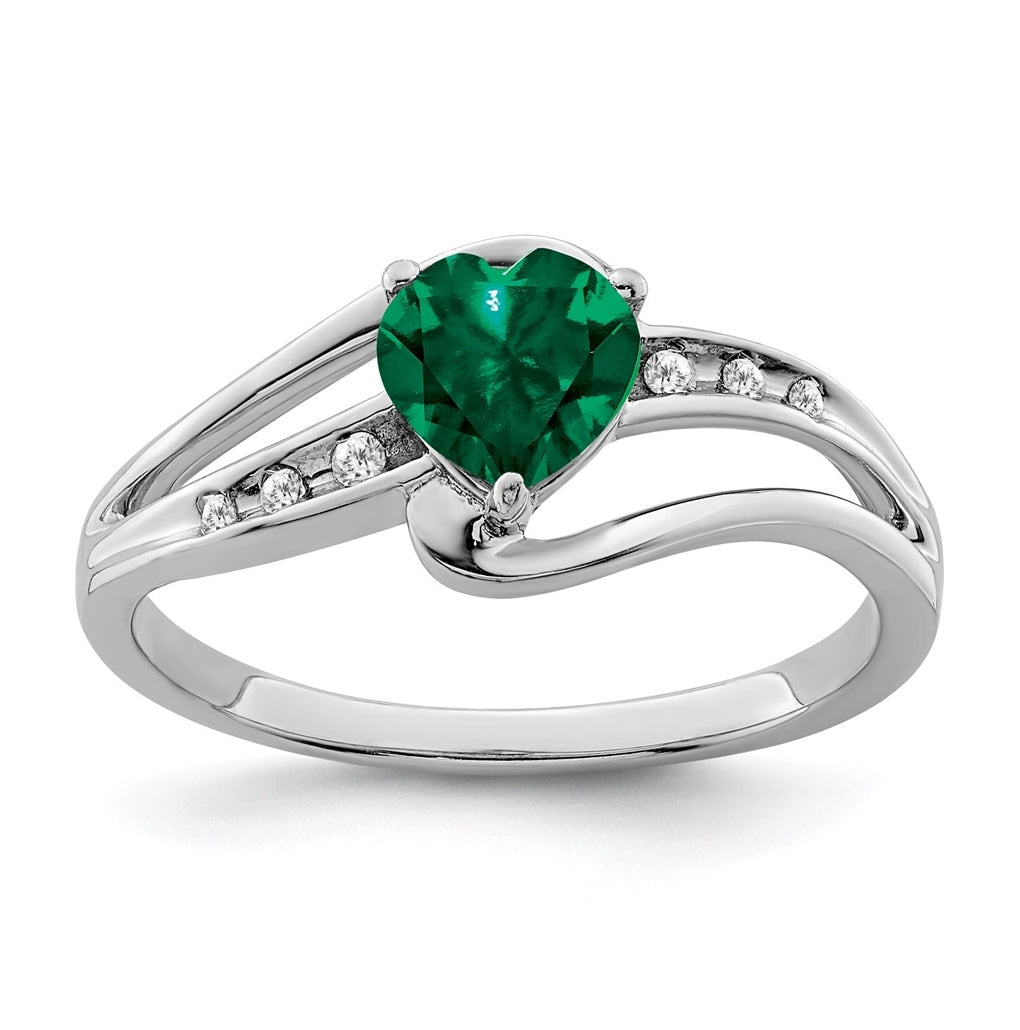Sterling Silver Rhodium plated Cr Emerald & Diamond Ring, Size 7