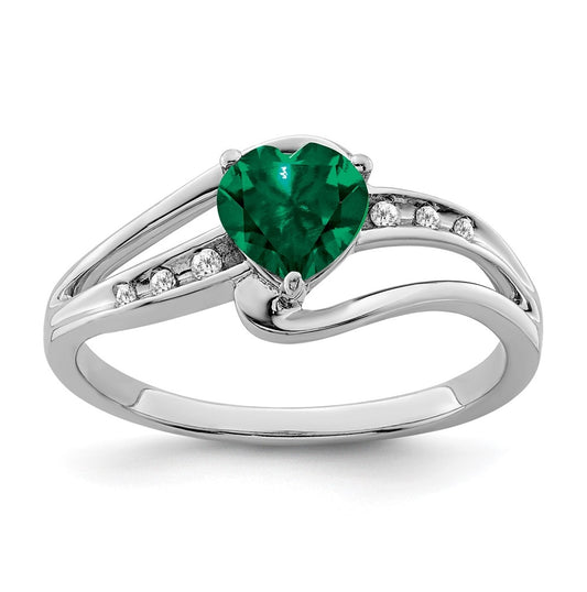 Sterling Silver Rhodium plated Cr Emerald & Diamond Ring, Size 7