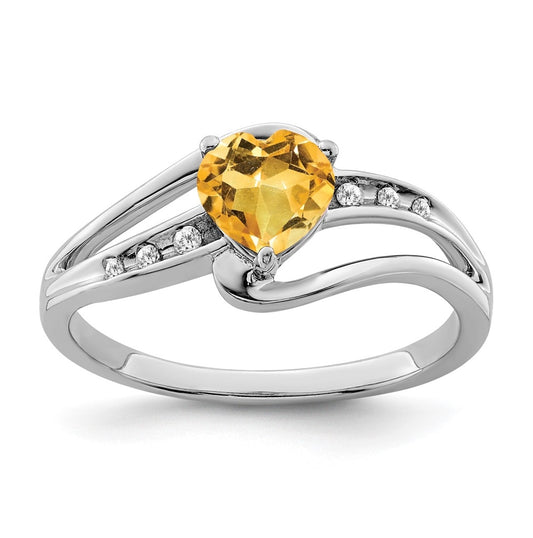Sterling Silver Rhodium plated Citrine and Diamond Ring, Sz 8