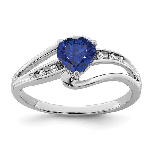Sterling Silver Rhodium plated Created-Sapphire & Diamond Ring, Size 6