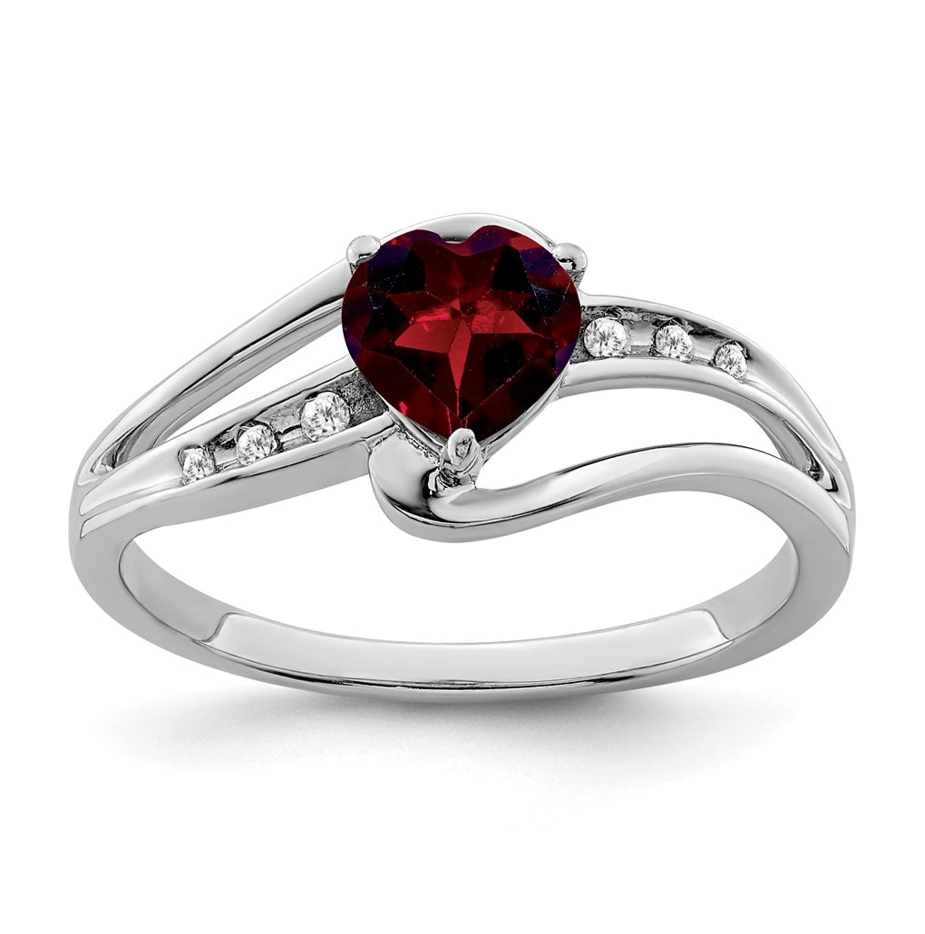 Sterling Silver Rhodium plated Garnet and Diamond Ring, Sz 7