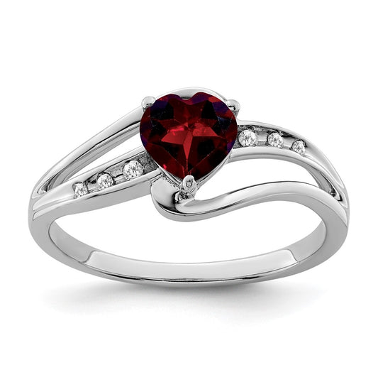 Sterling Silver Rhodium plated Garnet and Diamond Ring, Sz 7