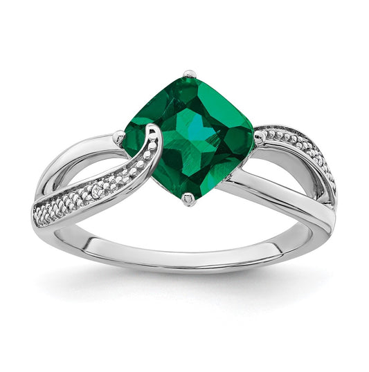 Sterling Silver Rhodium plated Created-Emerald and Diamond Ring, Size 7