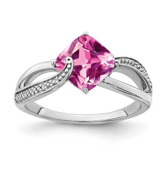 Sterling Silver Rhodium-plated Created Pink Sapphire and Diamond Ring, Size 7