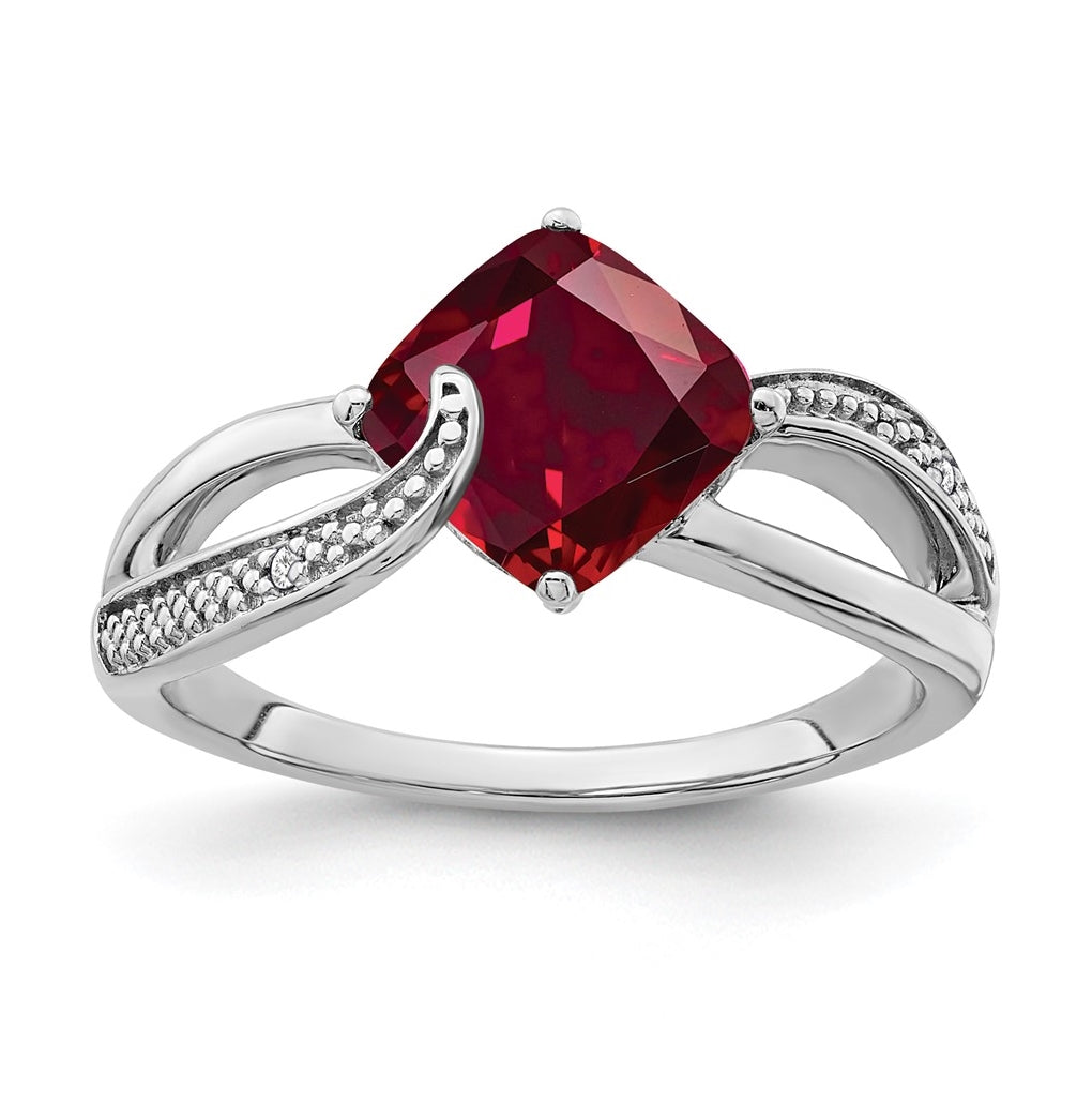 Sterling Silver Rhodium plated Created-Ruby and Diamond Ring, Size 6