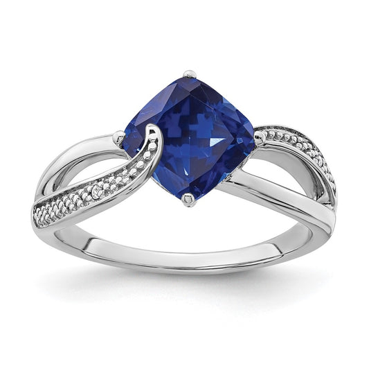 Sterling Silver Rhodium plated Created Sapphire and Diamond Ring, Sz 6