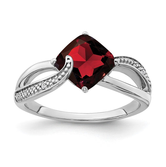 Sterling Silver Rhodium-Plated Garnet and Diamond Ring, Sz 7