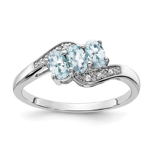 Sterling Silver Rhodium plated Aquamarine/Diamond Ring, Size 8