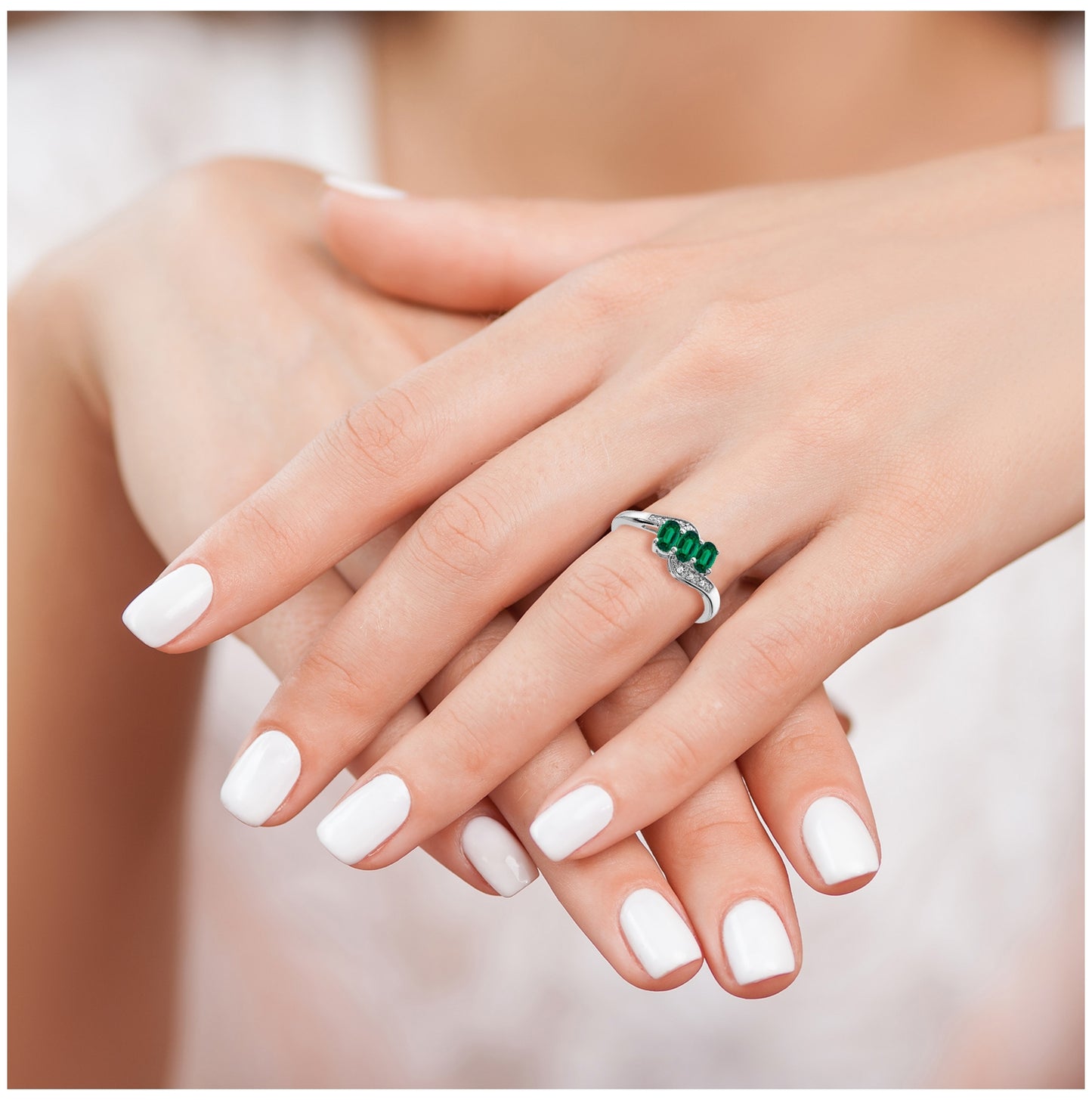 Sterling Silver Rhodium-PlatedCreated Emerald and Diamond Ring, Size 7