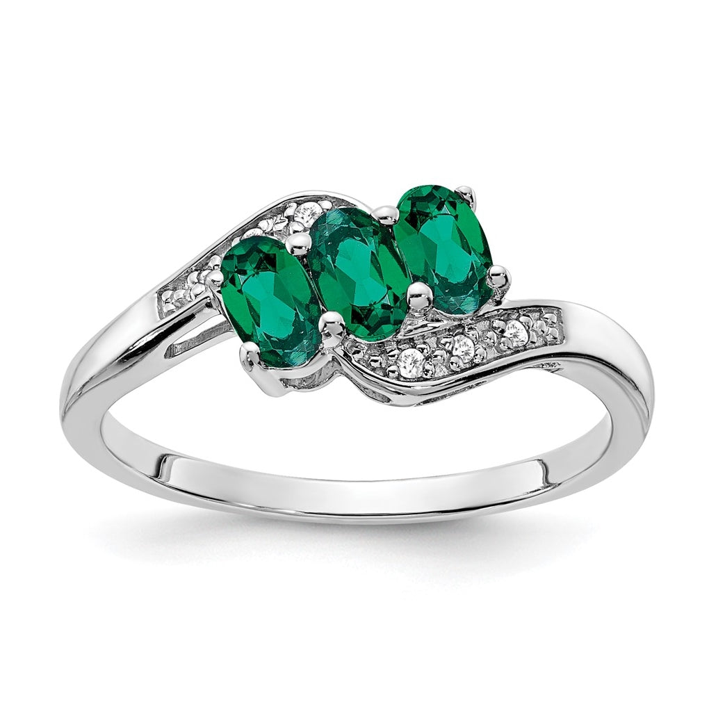 Sterling Silver Rhodium-PlatedCreated Emerald and Diamond Ring, Size 7