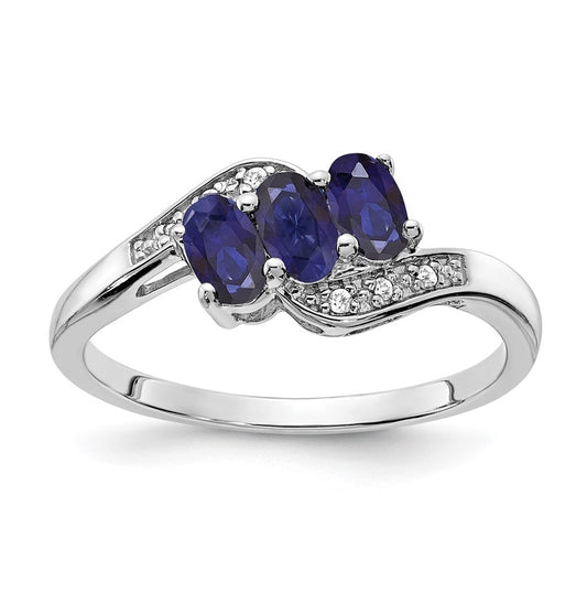Sterling Silver Rhodium-PlatedCreated Sapphire and Diamond Ring, Size 7