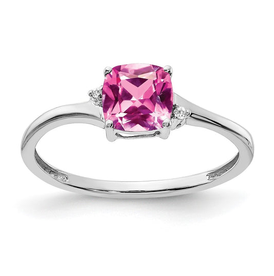 Sterling Silver Rhodium plated Created Pink Sapphire and Diamond Ring, Size 7