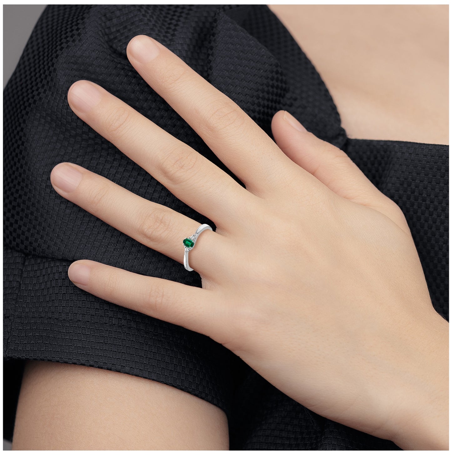 14k White Gold Created Emerald and Diamond Ring, Size 7