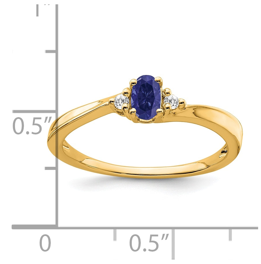 14K Yellow Gold Created Sapphire and Diamond Ring, Size 7