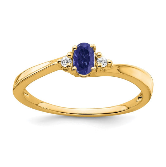 14K Yellow Gold Created Sapphire and Diamond Ring, Size 7