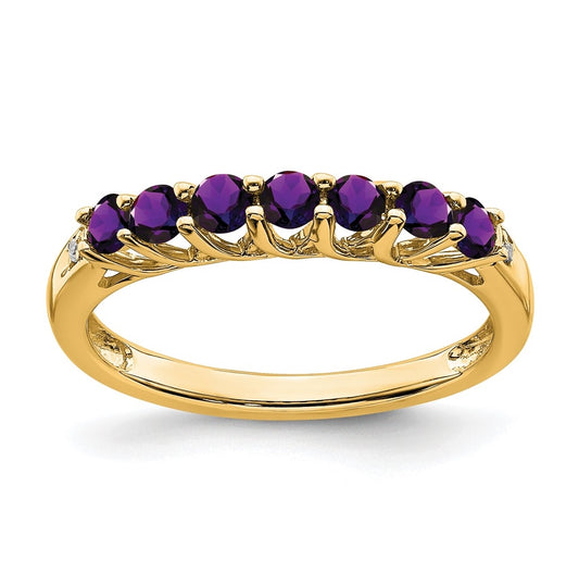14K Yellow Gold Amethyst and Diamond 7-stone Ring, Size 6
