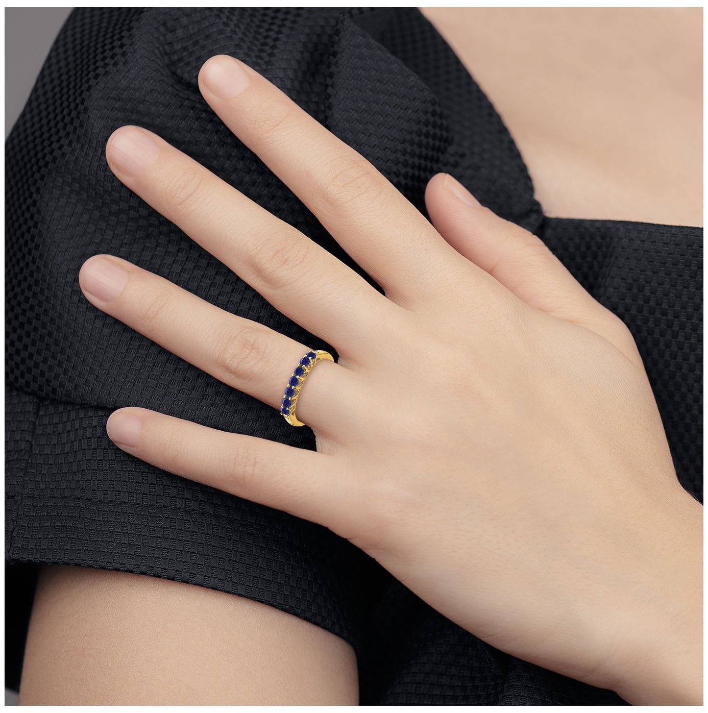 14K Yellow Gold Created Sapphire and Diamond 7-stone Ring, Size 7