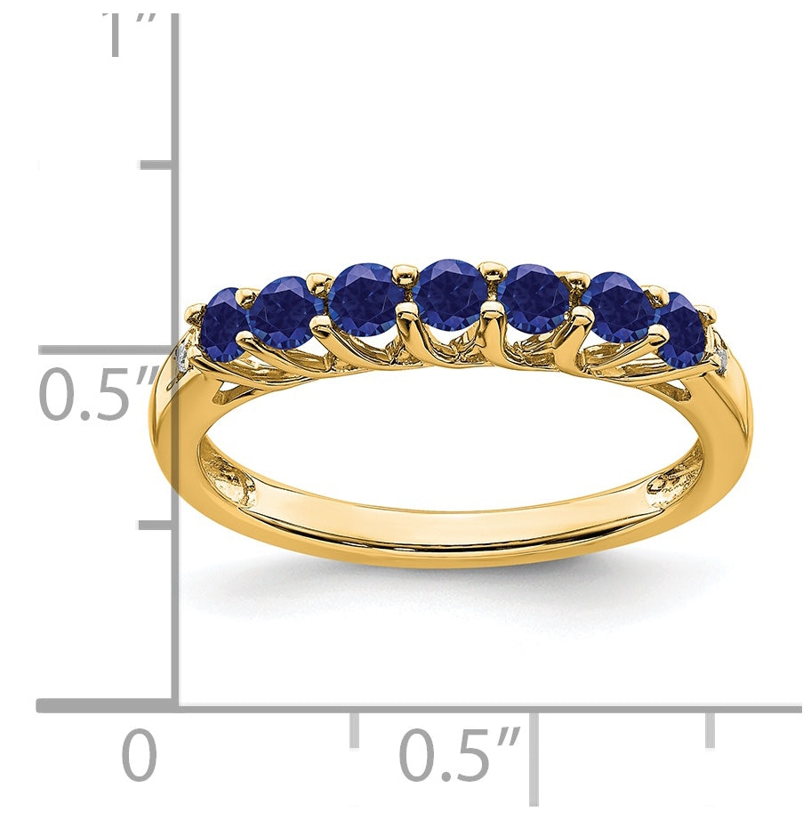 14K Yellow Gold Created Sapphire and Diamond 7-stone Ring, Size 7