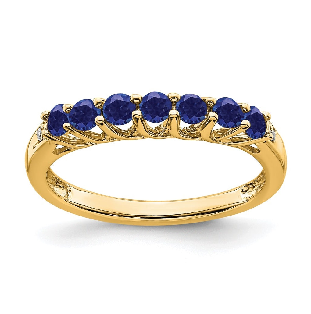 14K Yellow Gold Created Sapphire and Diamond 7-stone Ring, Size 7