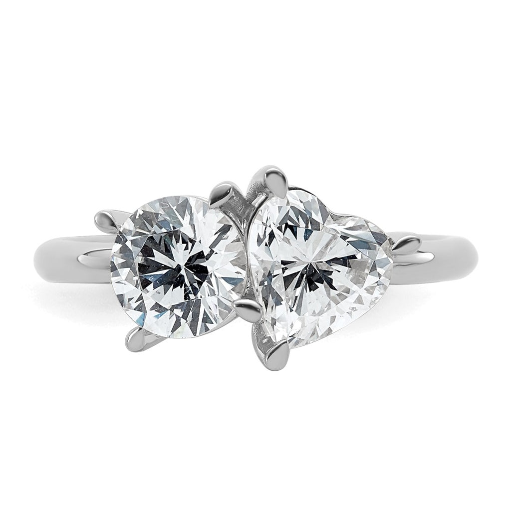 14k White Gold 2 1/8 carat Lab Grown Diamond VS+ F+ Round and Heart Complete Asymmetrical Two Stone Engagement Ring