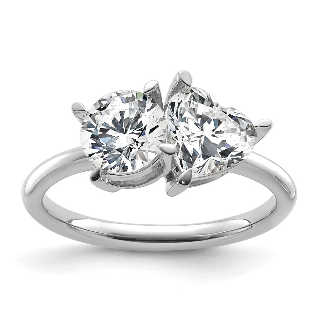 14k White Gold 2 1/8 carat Lab Grown Diamond VS+ F+ Round and Heart Complete Asymmetrical Two Stone Engagement Ring