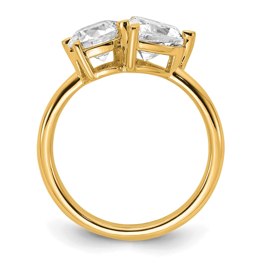 14k Yellow Gold 2 1/8 carat Lab Grown Diamond VS+ F+ Round and Heart Complete Asymmetrical Two Stone Engagement Ring