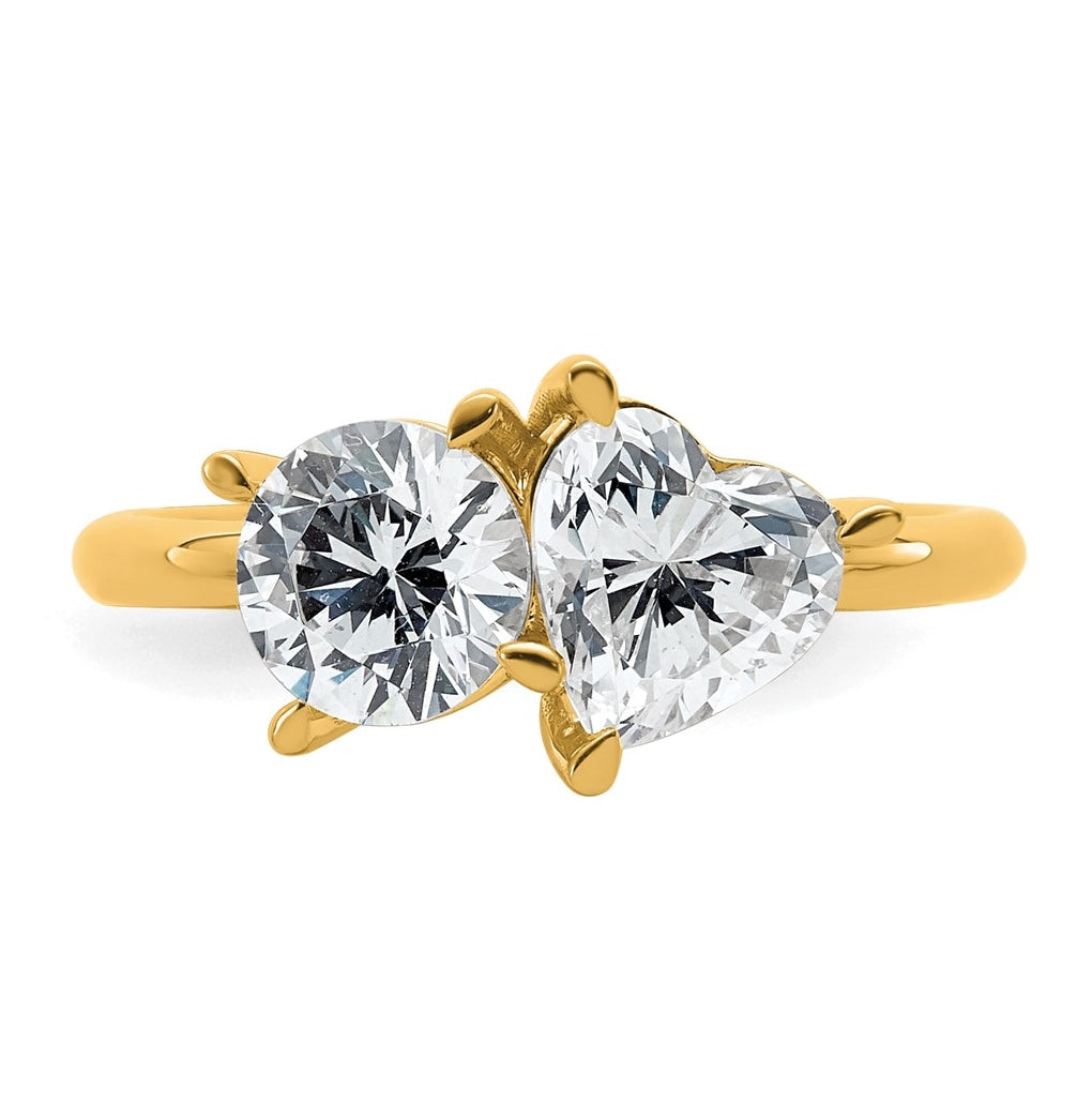 14k Yellow Gold 2 1/8 carat Lab Grown Diamond VS+ F+ Round and Heart Complete Asymmetrical Two Stone Engagement Ring