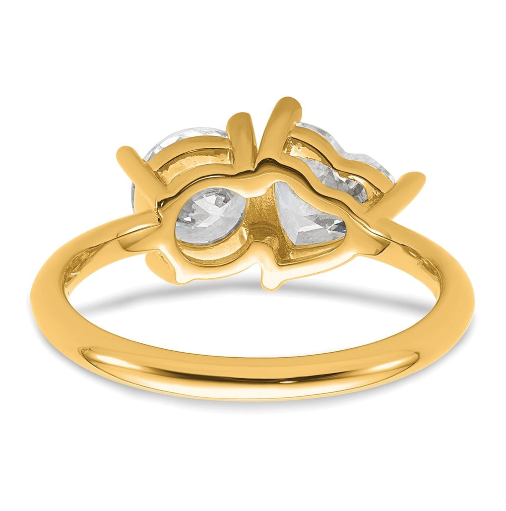 14k Yellow Gold 2 1/8 carat Lab Grown Diamond VS+ F+ Round and Heart Complete Asymmetrical Two Stone Engagement Ring